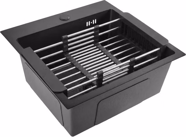 Lavello rettangolare in acciaio inossidabile Rea Leo 40 Black con set di 3 accessori beige ed estensibile – 1