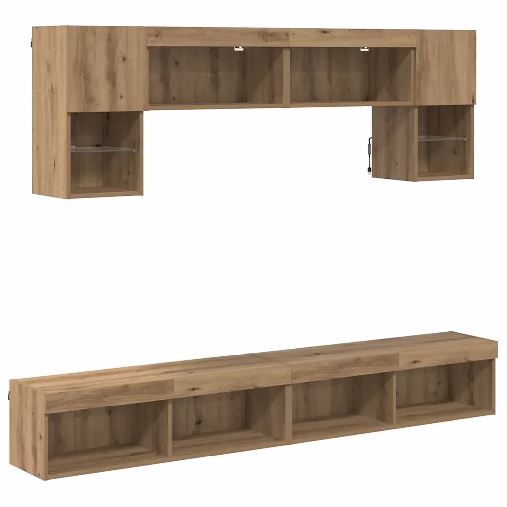 vidaXL Unità a muro per TV moderna con illuminazione LED integrata, 6 pezzi, Rovere artigianale, Marrone, L: 100 cm, P: 30 cm, H: 30 cm – 2