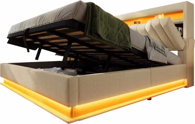 Letto matrimoniale 160 × 200 cm con vano idraulico, LED regolabili e prese USB, materasso incluso, beige