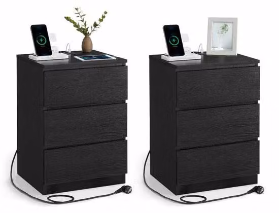 Comodino con 2 cassetti, 3 scomparti, bordi arrotondati, 2 prese di corrente, 2 porte USB, adatto per soggiorno, camera da letto, studio, design moderno, legno di quercia nero