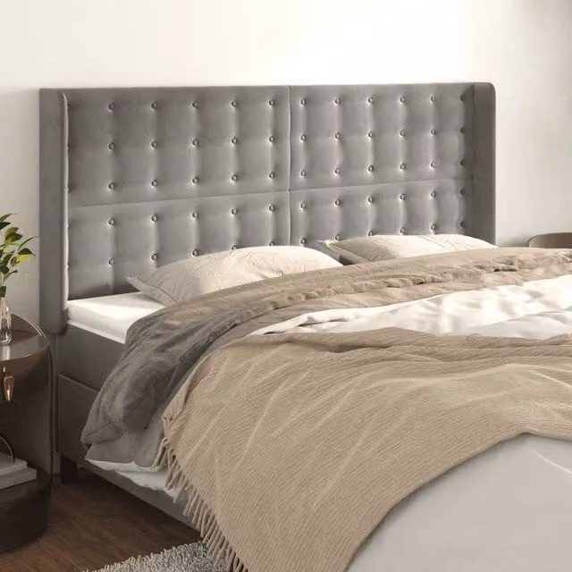 Testiera ad orecchio vidaXL in velluto grigio con struttura in legno e MDF, L: 203 cm, P: 16 cm, H: 118/128 cm