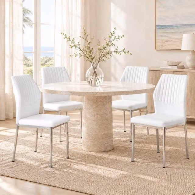 Set di 4 Sedie da Pranzo con Schienale in PU Bianco e Gambe in Metallo Argento, Altezza 93 cm