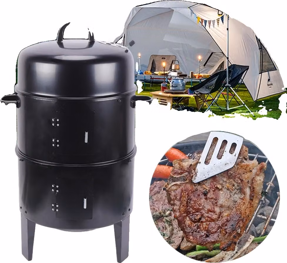 Affumicatore per barbecue, design a doppio strato, termometro integrato, controllo del flusso d'aria regolabile,