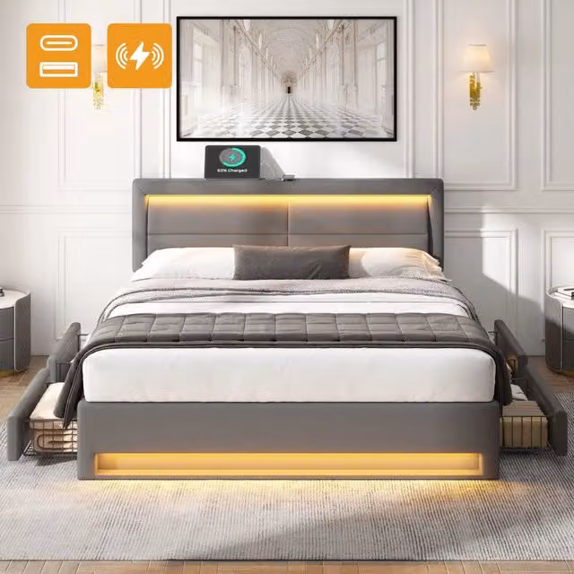 Letto imbottito 140x200 cm in PU litchi con porta USB, LED e quattro cassetti - Grigio, senza materasso