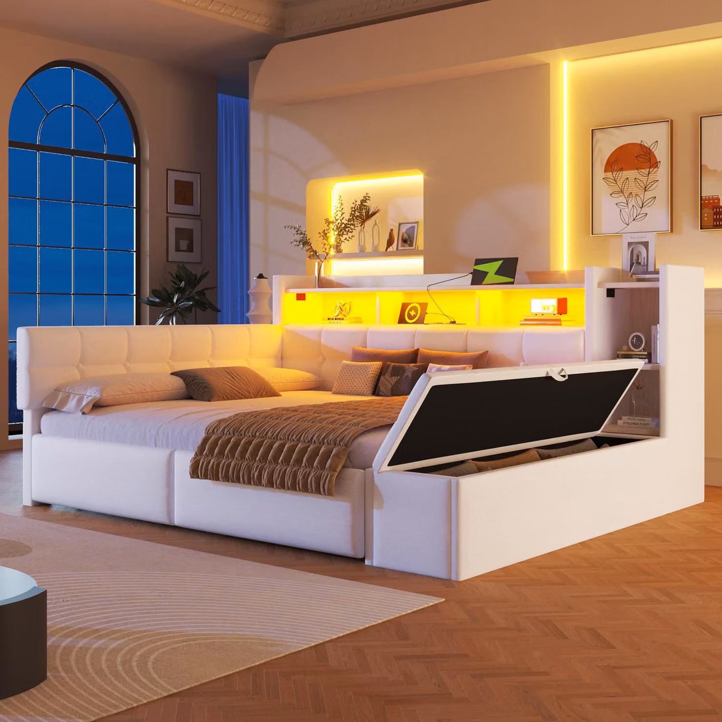 Divano letto Fliek 140x190 cm con poggiapiedi idraulico, letto imbottito matrimoniale con funzione di carico e pelle, letto per ragazzi in velluto con ripiani, bianco
