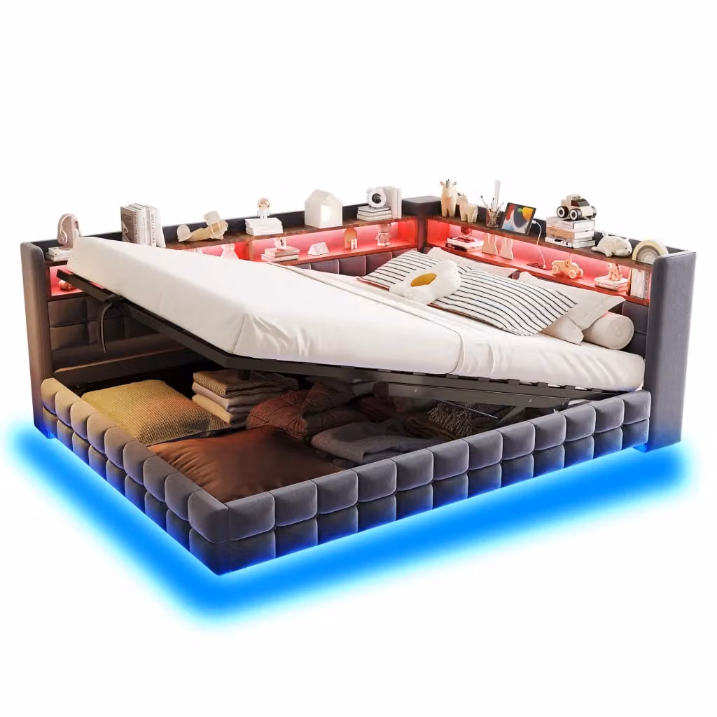 Letto matrimoniale imbottito Chicfurn con contenitore, illuminazione LED, porte USB e Type-C e ripiani laterali, grigio, L/P/H: 140 x 200 x 155,5 cm – 2