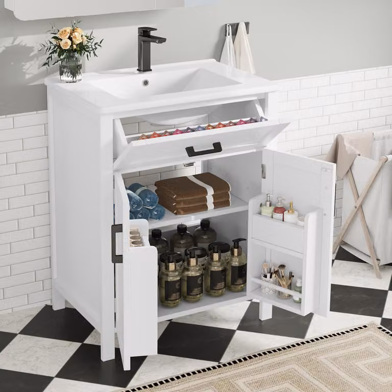 Fortuna Lai 60 x 46 x 84,8 cm Mobile da bagno a terra con lavabo, lavandino, verniciatura completa, ripiani a doppia anta, pratici cassetti, ripiani regolabili, lavabo in Vetroceramica integrato, bianco
