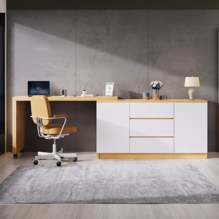 Scrivania con rotelle bloccabili - design multifunzionale, spessore 4 cm, piano girevole, chiusura a chiave, bianco/rovere, Scrivania pieghevole, scrivania angolare, credenza, materiali spessi