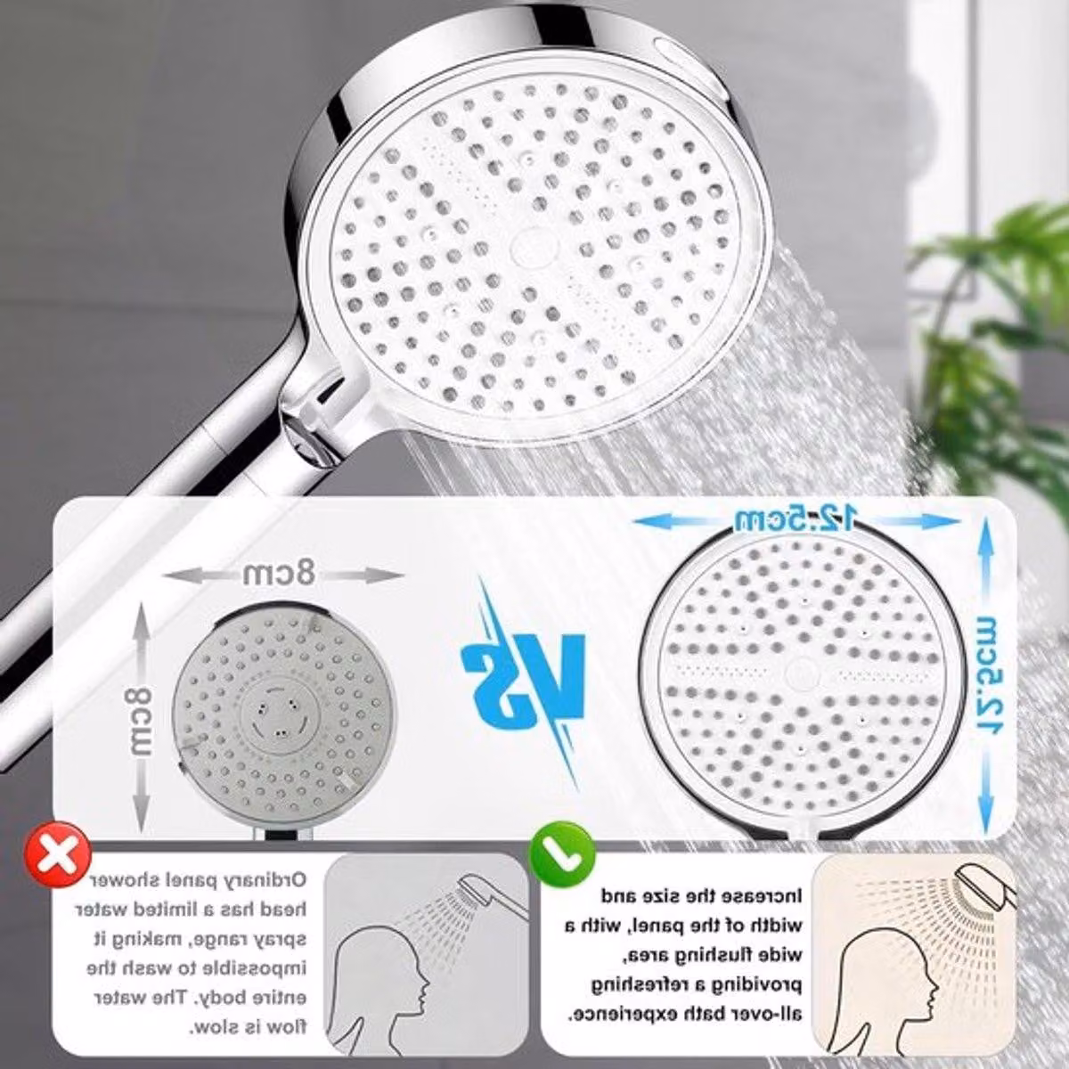Doccia ad alta pressione con funzione di nebulizzazione a risparmio idrico, efficiente dal punto di vista energetico e con design anticalcare, disponibile in finitura cromata