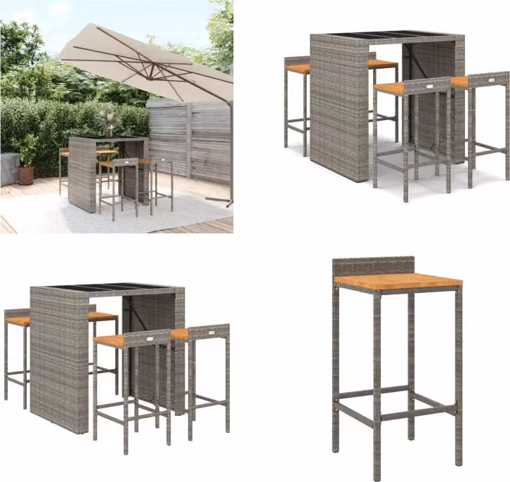vidaXL Set bar da giardino 5 pezzi in poly rattan grigio e legno massiccio di acacia - Set bar da giardino - Set bar da giardino - Set bar da giardino - Bar da giardino