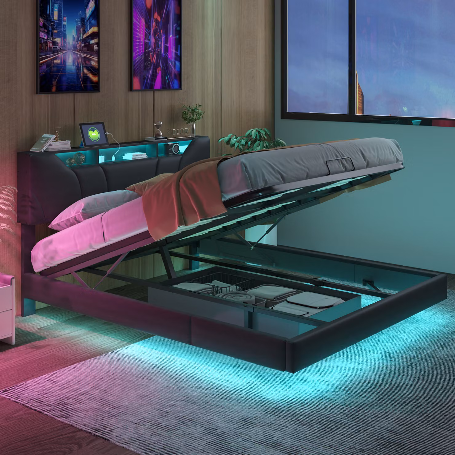 CDGlobal letto imbottito 160x200cm letto contenitore con LED/USB, letto matrimoniale a molle con rete a doghe e contenitore, letto funzionale per giovani, PU, nero