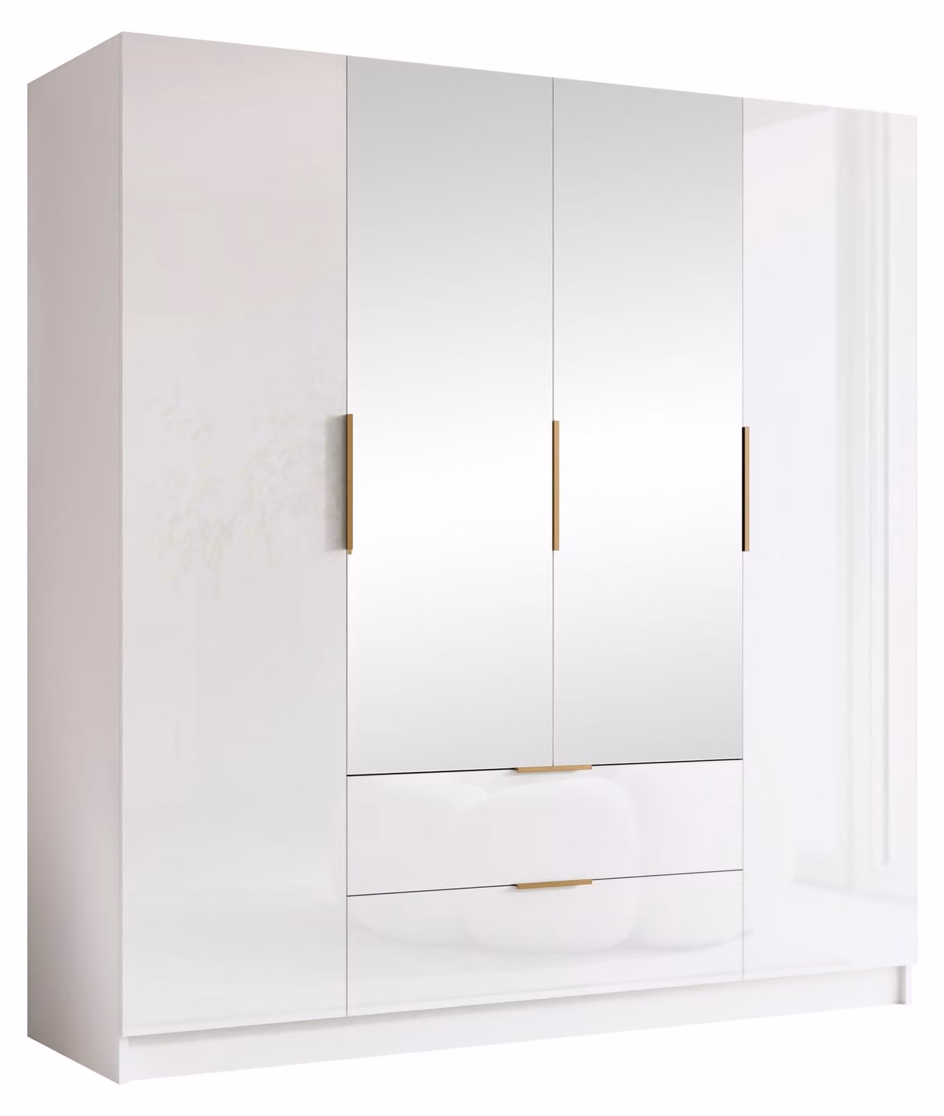 MIRJAN24 Armadio Sofia II 200, camera da letto, con specchio, armadio a ante battenti, con asta appendiabiti, moderno, guardaroba, maniglie in metallo (colore: bianco / bianco lucido + oro)