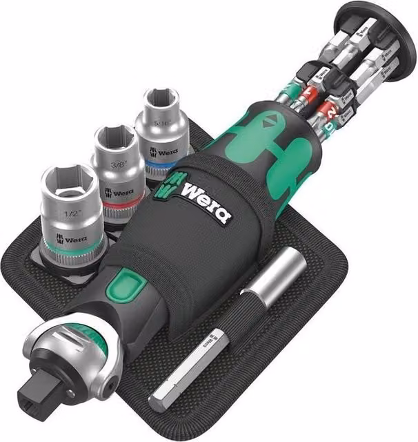 Set di chiavi a cricchetto Wera Zyklop Pocket Set Imperial 18 pezzi con portabit integrato, testa ribaltabile 5 posizioni e 72 denti, colore Nero Verde