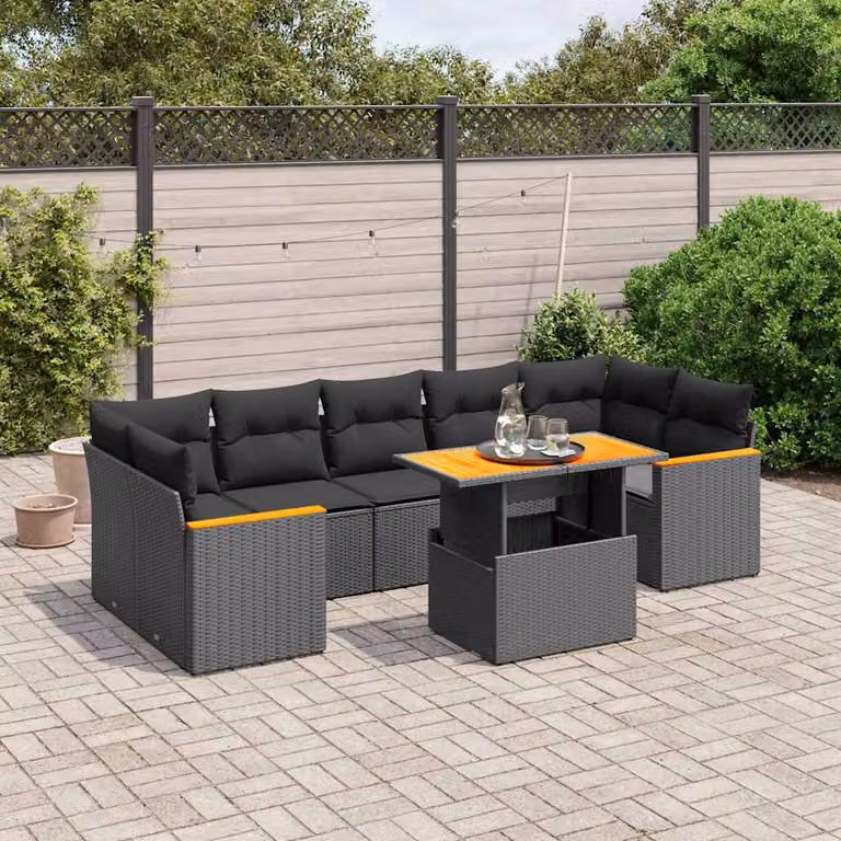 vidaXL Set Divani da Giardino a L con Cuscini 8 pz in Polyrattan Nero e Legno di Acacia