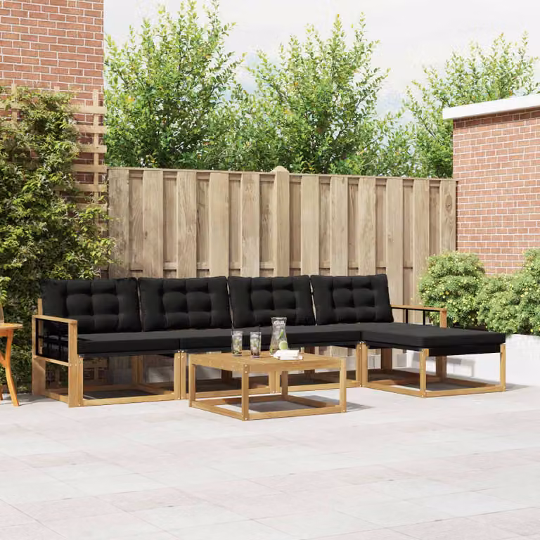 Set di divani da esterno vidaXL 6 pz in legno di acacia con tavolino e pouf, Bianco e Nero