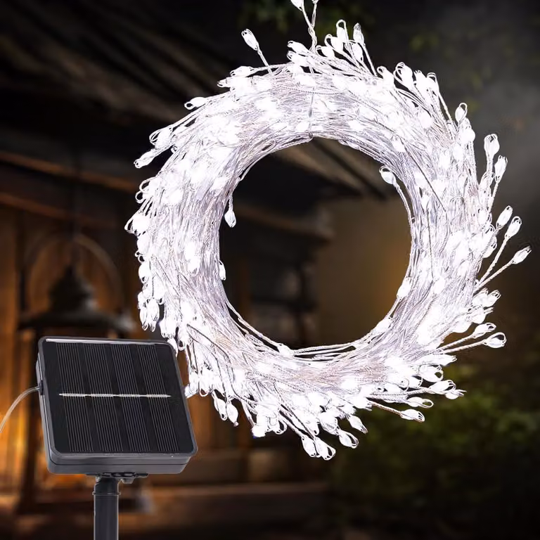 Catena luminosa solare, 6 metri, 200 LED, 8 modalità, grado di protezione IP65, luce bianca fredda