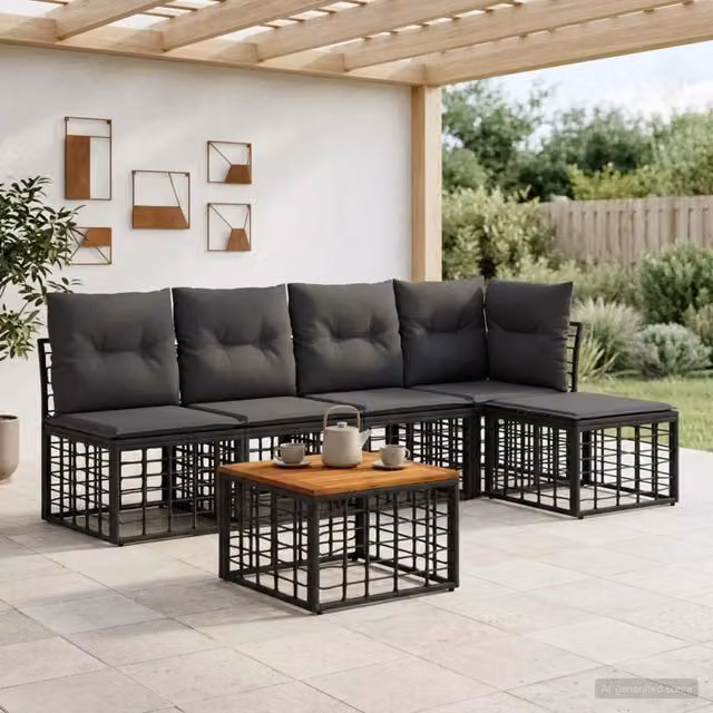Set di divani da esterno 6 pz Nero e Grigio scuro Poliestere 3437453