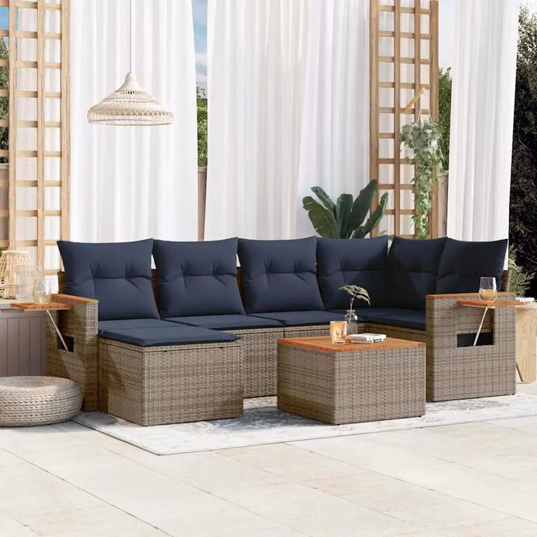 Set da giardino vidaXL in polyrattan composto da 7 pezzi con cuscini grigi e blu per esterno