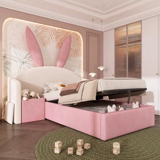 Letto per bambini 90 x 190 cm in velluto con contenitore; comodino e testiera con orecchie da coniglio; beige e rosa