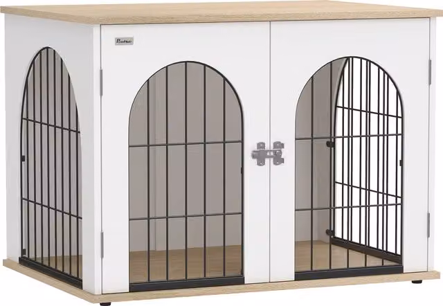 PawHut Mobile Gabbia per Cane ad Arco con Doppia Porta e Tavolino in Metallo, Bianco, L 80 cm x P 56 cm x H 59 cm – 1