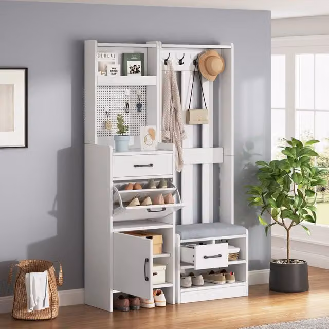 Mobili da ingresso OKWISH con panca, portascarpe, 2 cassetti, 7 ganci e pannello forato, bianco, L: 110 cm, P: 35 cm, H: 175,5 cm