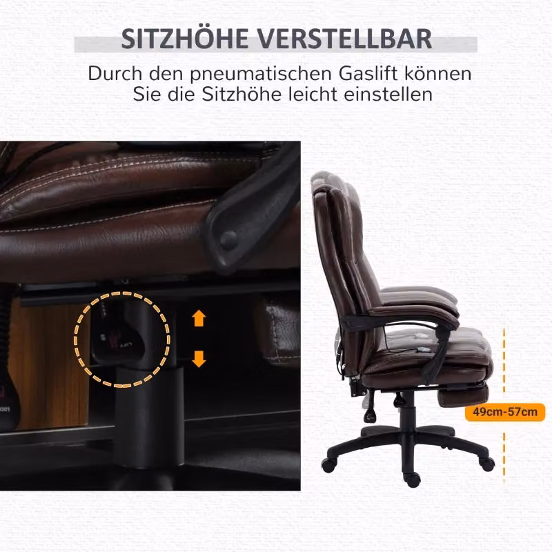 Poltrona da ufficio girevole REDOM con poggiapiedi e massaggio in ecopelle marrone L/P/H: 68,5 x 68,5 x 113-121 cm – 2
