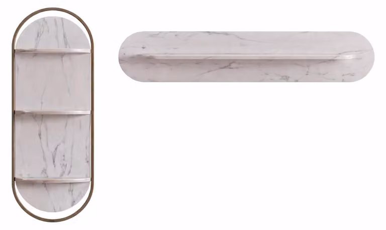 Set elegante per parete, composto da pannello e mensola, con aspetto marmorizzato e struttura in metallo