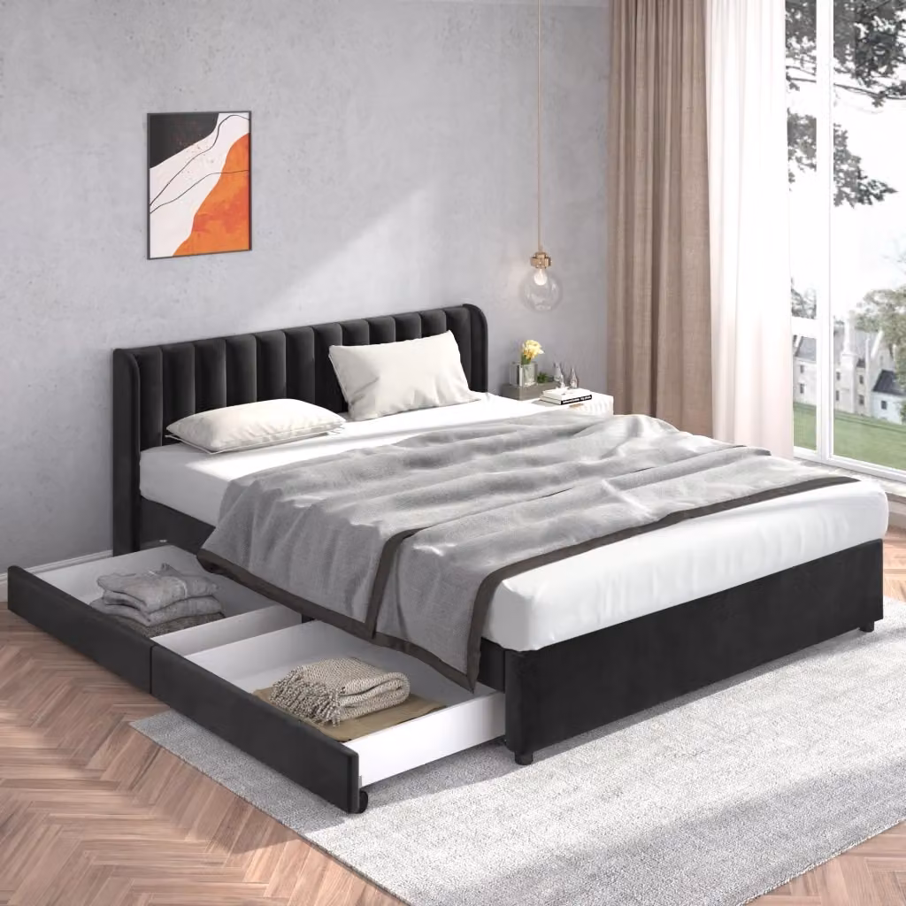 Letto imbottito Mivray con 2 cassetti su ruote e testiera alta in velluto nero L/P/H: 180 x 200 x 186 cm – 2