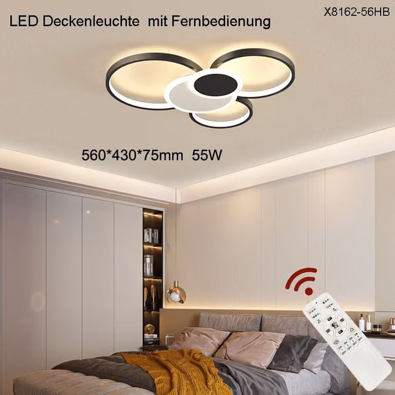 Eurotondisplay Plafoniera LED X8162-56cm 55W con telecomando Colore luce/luminosità regolabile dimmerabile Plafoniera con struttura in metallo laccato nero