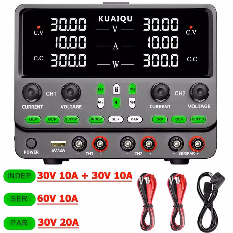Alimentatore da laboratorio DC a doppio canale, 30V 10A - 4-in-1, configurabile in modalità indipendente, serie o parallelo - Tensione e corrente regolabili - Protezione OVP/OCP