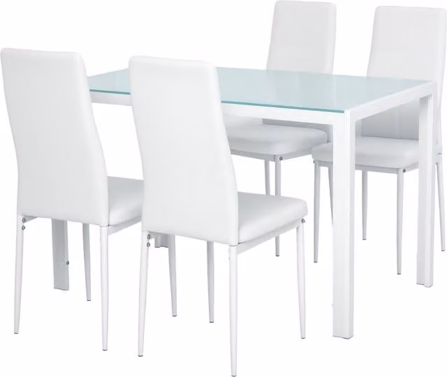 Set da Pranzo 5 Pezzi con 1 Tavolo e 4 Sedie per Cucina e Sala da Pranzo in Metallo e Vetro Temperato, Sedute in Finta Pelle, Bianco, Design Moderno