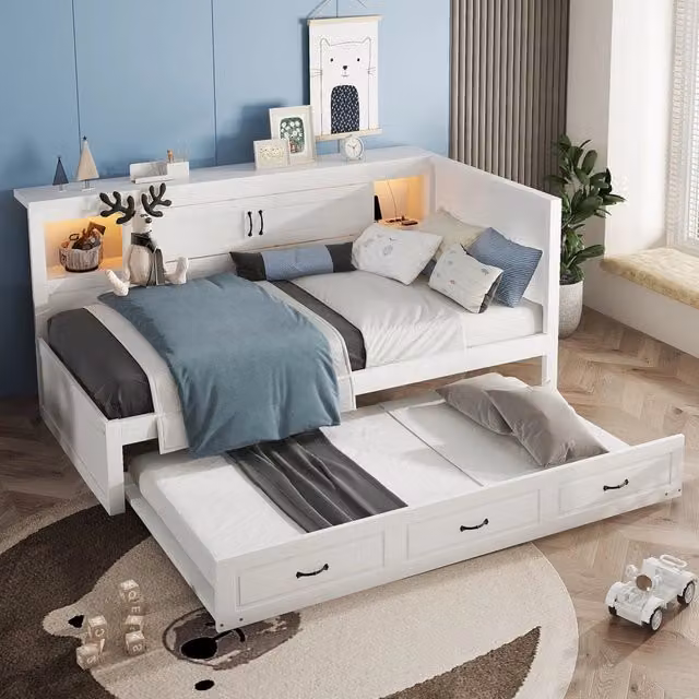 Letto divano singolo 90×200 cm con letto estraibile, LED, presa e USB, vano laterale, senza materasso, bianco