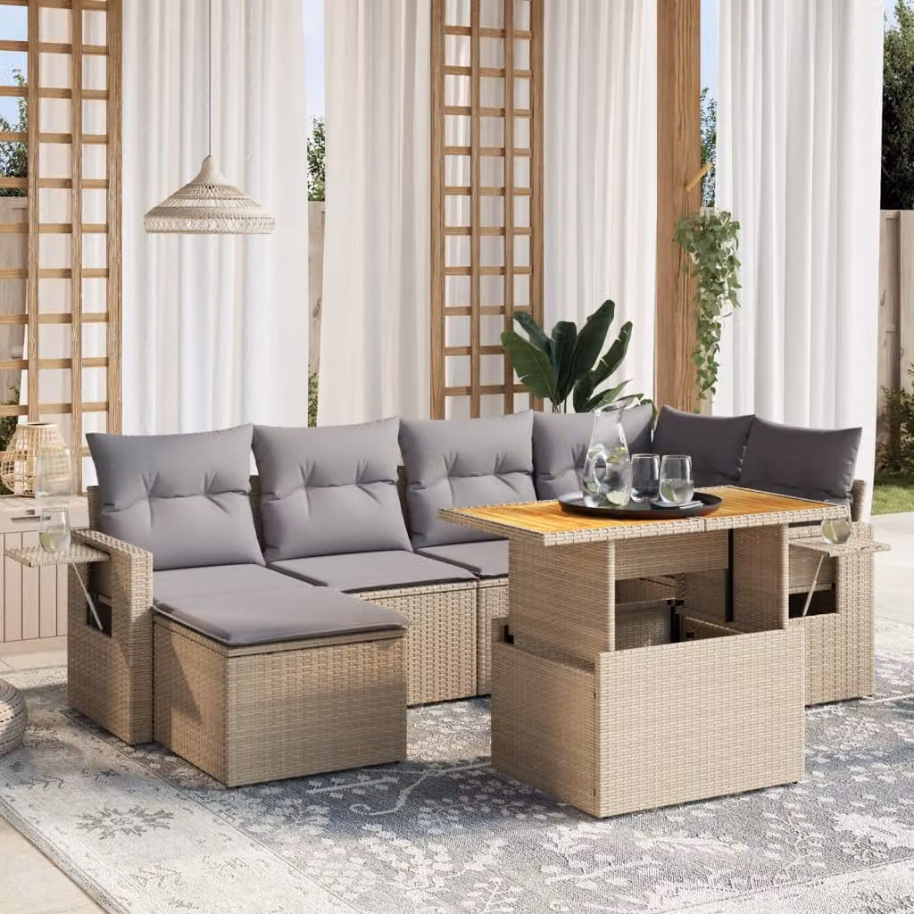 vidaXL Set Divani da Giardino 7 pz a L in Polyrattan con Cuscini Beige e Tavolino da Esterno – 1