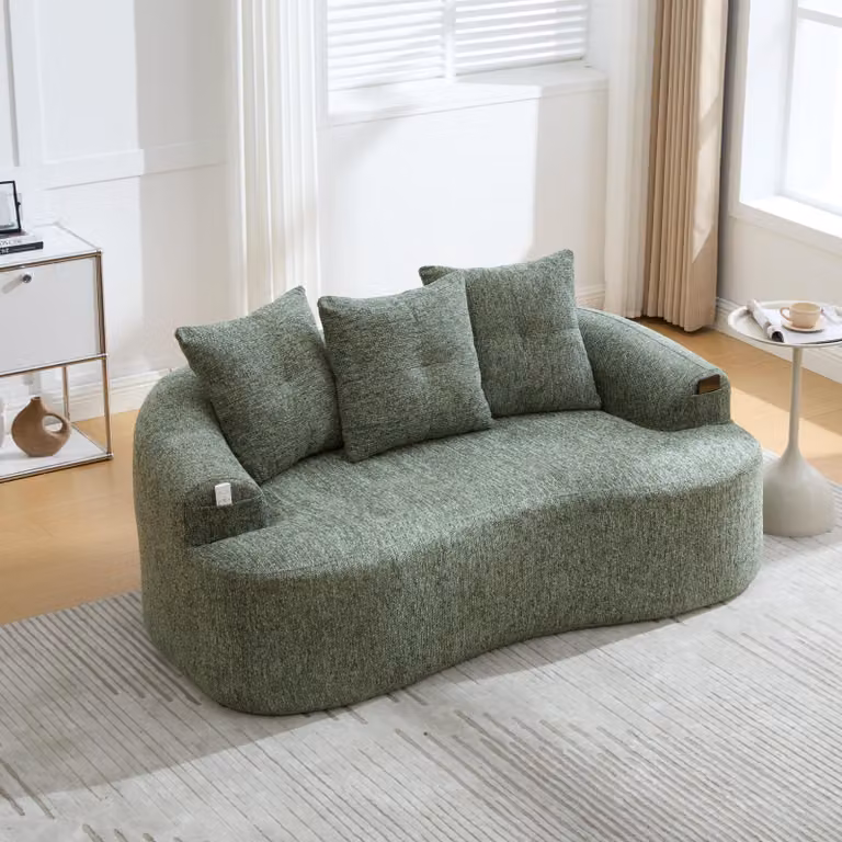okwish Divano a due posti in ciniglia con tre cuscini decorativi Forma arrotondata Seduta extra profonda Molle a sacchetto Comfort per il soggiorno Verde