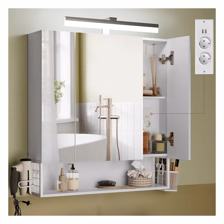Armadietto da Bagno da Muro con Ante a Specchio Cestino Porta Asciugacapelli, Bianco Nuvola / 16,5 x 70 x 75 cm