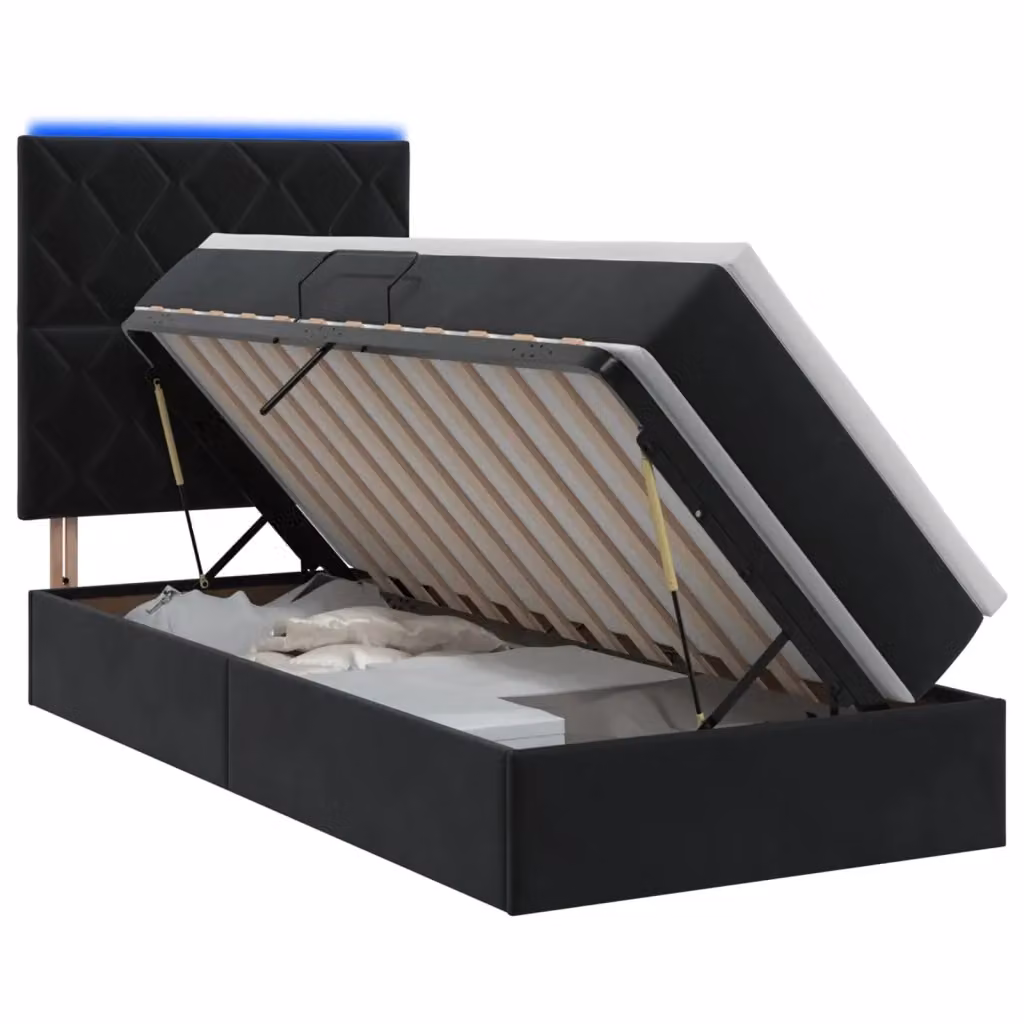 Letto con contenitore vidaXL in velluto nero con illuminazione LED e porta USB, compreso materasso in schiuma, L/P/H: 90 x 190 x 128 cm – 2