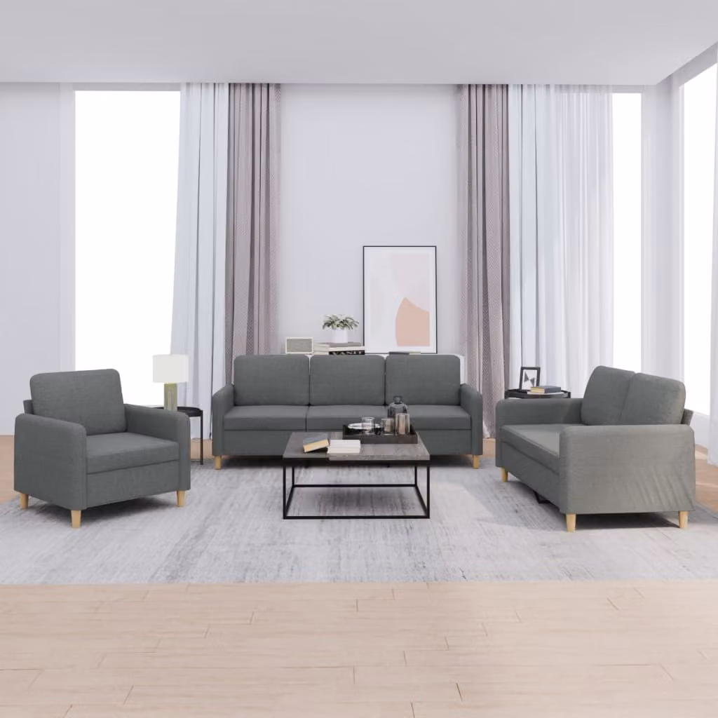 Set di divani 3 pezzi vidaXL in tessuto grigio con cuscini per soggiorno moderno – 1