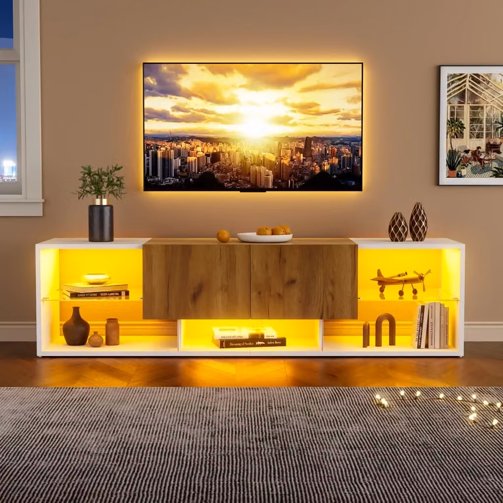 Mobile porta TV moderno OKWISH con illuminazione LED, 2 cassetti e 5 vani aperti per soggiorno, bianco legno, L: 160 cm, P: 40 cm, H: 42 cm – 2