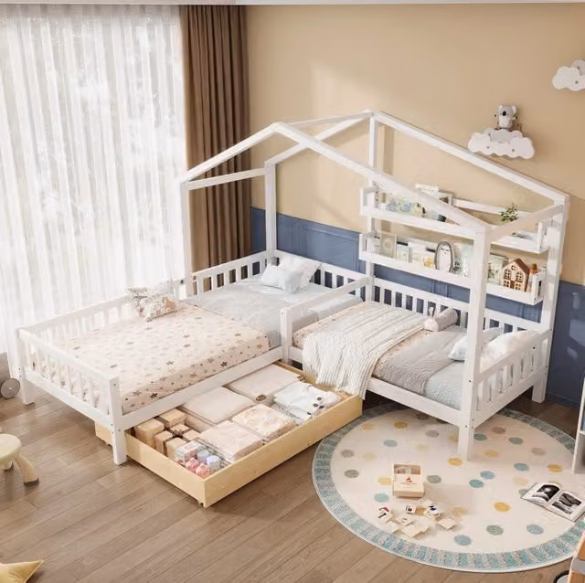 Letto a casetta a L per bambini bianco con cassetto e ripiani, 200x90/140x70 cm