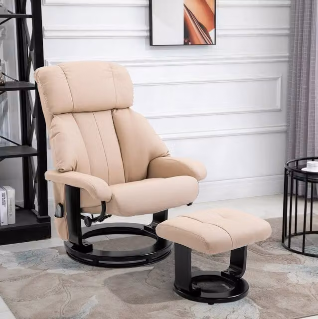 Poltrona massaggiante beige con poggiapiedi, reclinabile, girevole 360°