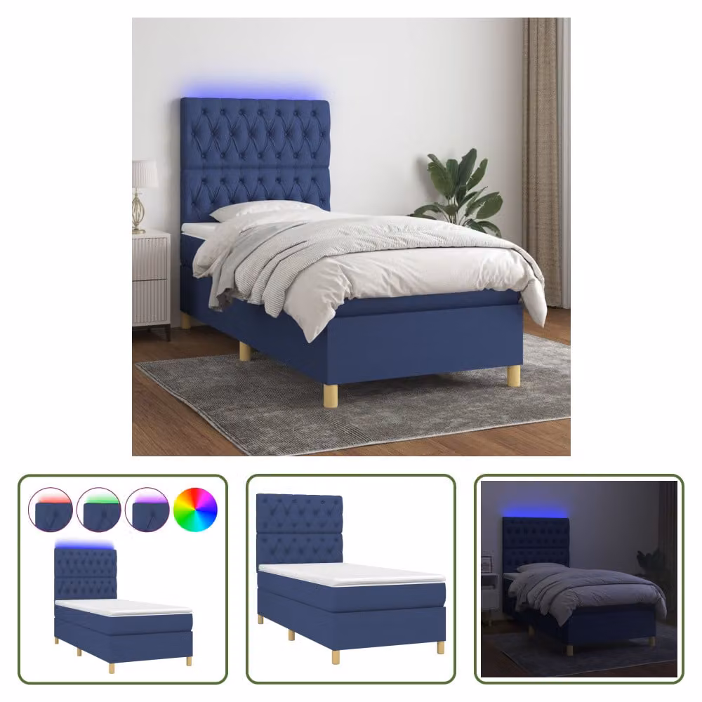 The Living Store Letto a molle con materasso e LED Blu 80x200 cm in tessuto