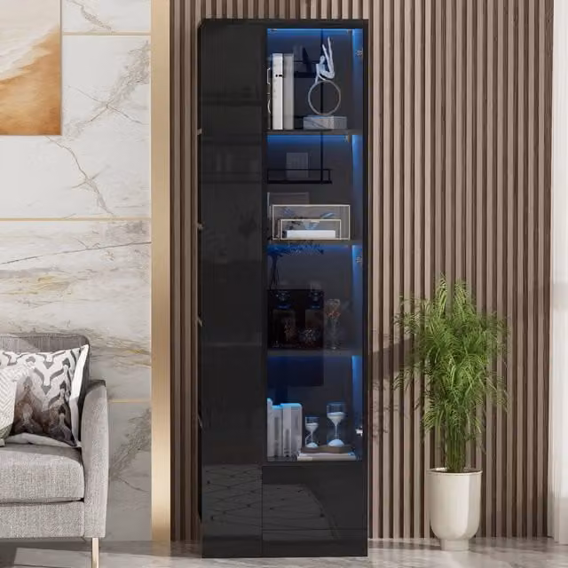 Vetrina con LED e porta in vetro con cassetto e ripiani aperti per soggiorno in truciolare nero 50 × 35 × 160 cm