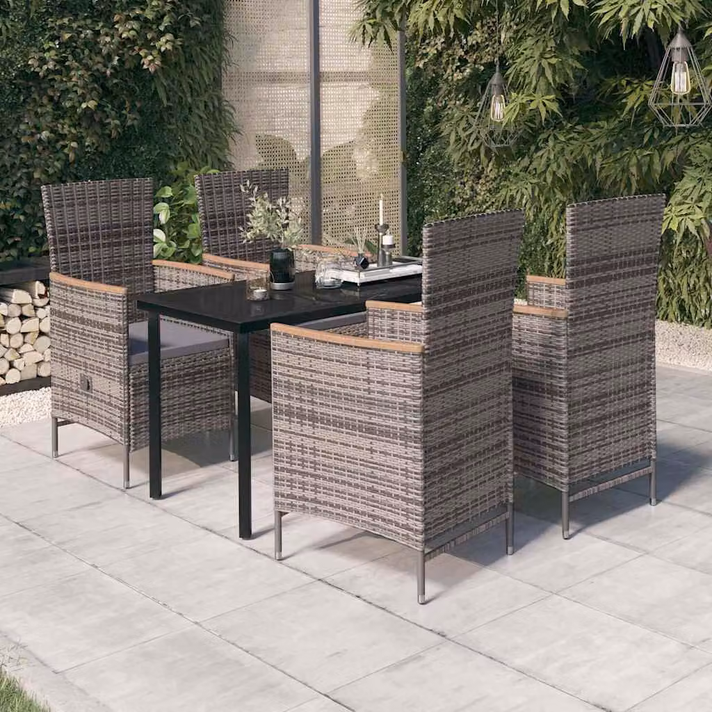 Set da pranzo da giardino vidaXL in polyrattan con tavolo in vetro e cuscini, 5 pezzi, Grigio e Nero