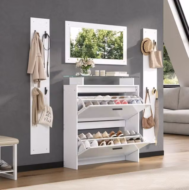 Set guardaroba da ingresso ULEVR bianco con scarpiera 89,5x23x96,5 cm, specchio, 8 ganci e ripiani in vetro