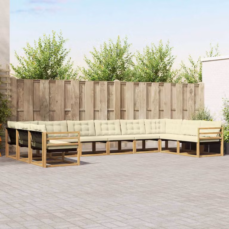 Set di divani da esterno vidaXL a forma di U composto da 10 pezzi in legno di acacia con cuscini bianchi e beige