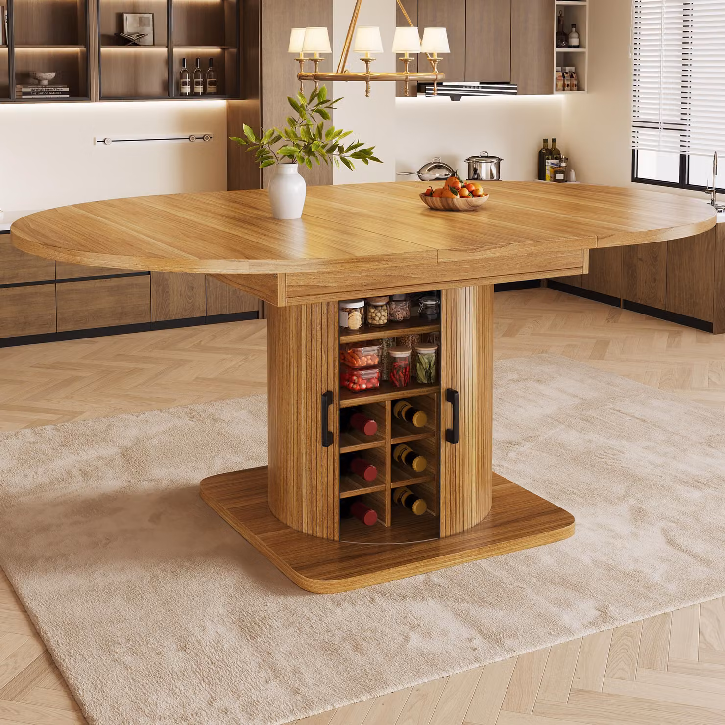 Flieks: tavolo da pranzo allungabile con vano portaoggetti, tavolo multifunzionale con ripiani rimovibili, tavolo da cucina 118-158 x 118 x 76 cm, marrone scuro