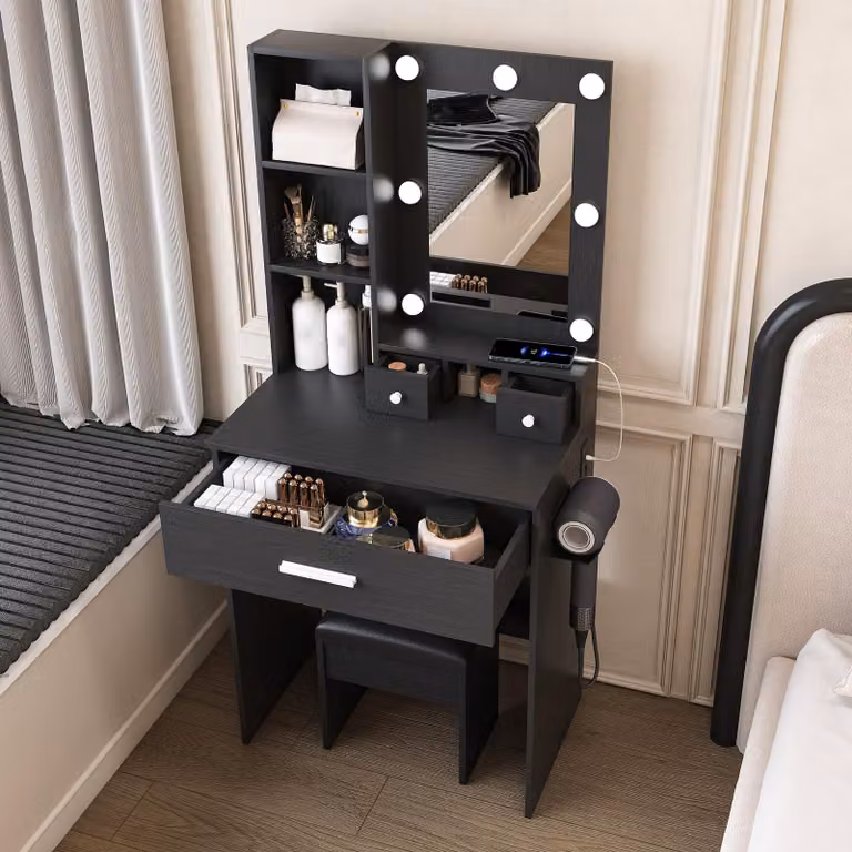 okwish Comò con illuminazione LED regolabile e specchio, tavolino da trucco, comò compatto con sgabello e presa di corrente, ideale per piccoli appartamenti, colore nero