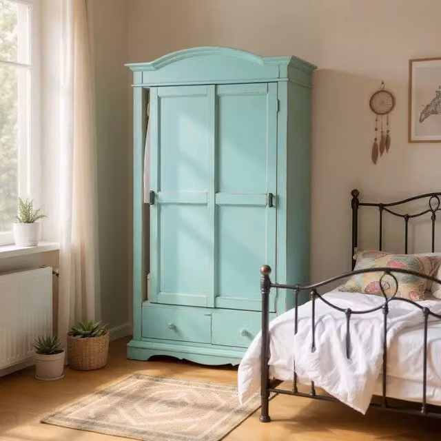 Armadio shabby chic in legno di pino con 2 ante scorrevoli e cassetti integrati Mobili 2G colore verde, L: 122 cm, P: 59 cm, H: 200 cm – 1