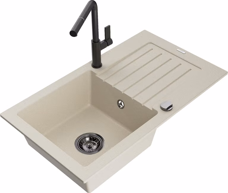 Mexen Pablo lavello in granito ad 1 vasca con scolapiatti e rubinetto da cucina Flora, beige - 6510-69-670401-70-B