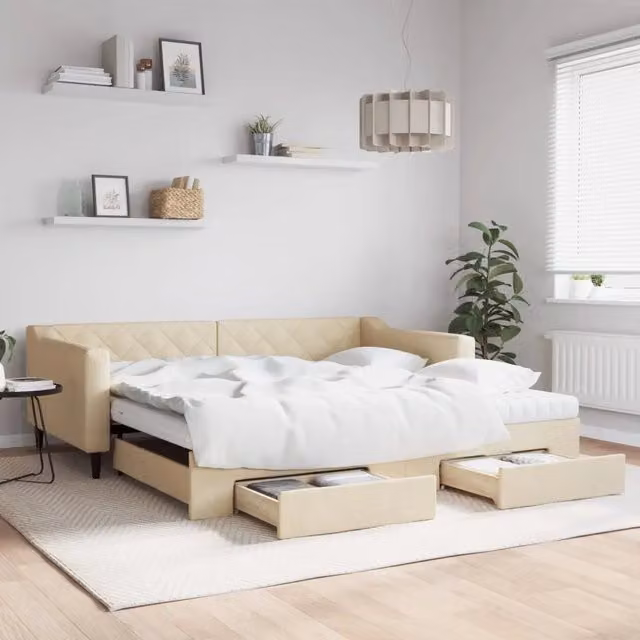 Divano Letto Estraibile con Cassetti vidaXL in Tessuto Beige per Soggiorno e Camera da Letto L/P: 100 x 200 cm – 1